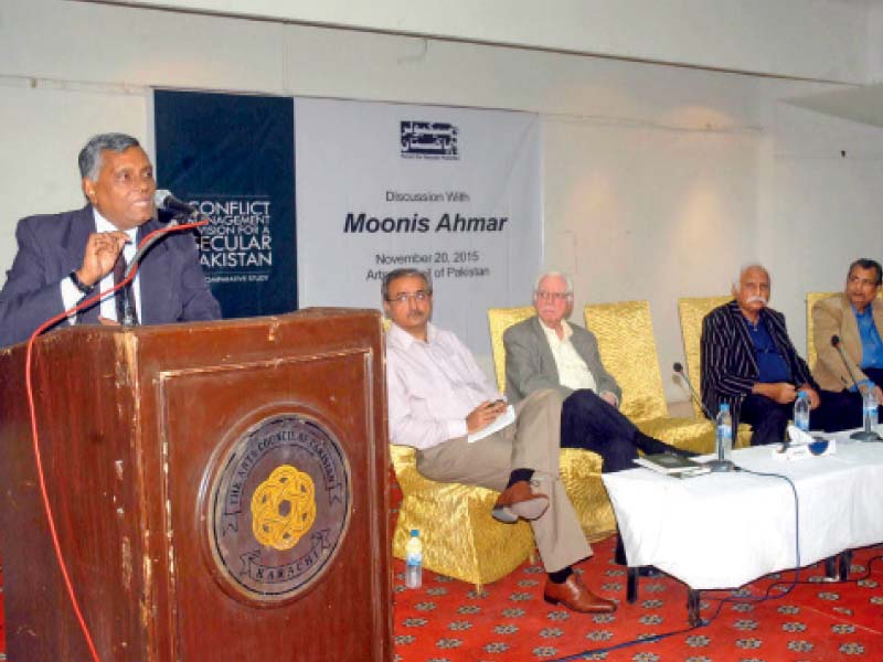 prof dr moonis ahmar addressing the audience at the launching ceremony of his book conflict management and vision for a secular pakistan a comparative study at the arts council on friday photo irfan ali express