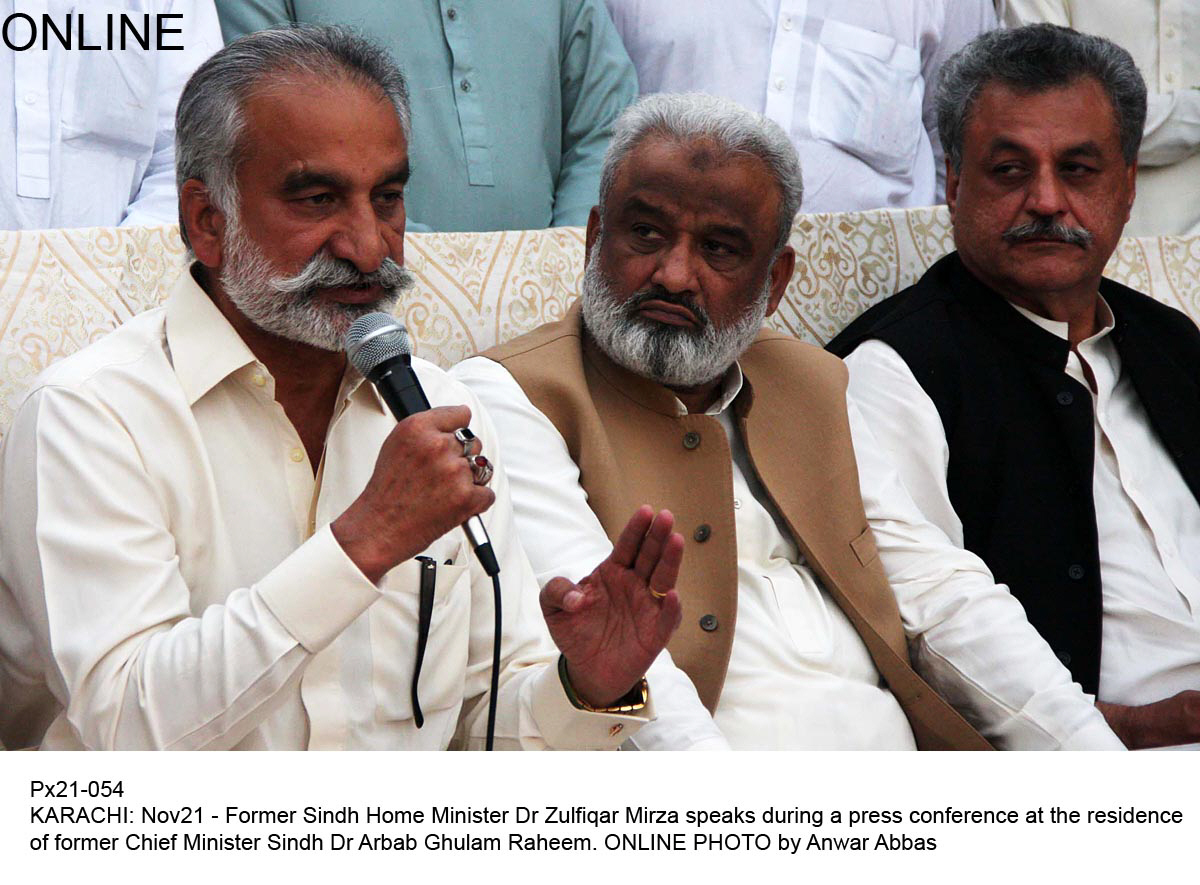 former sindh home minister zulfiqar mirza speaks during a press conference at the residence sindh cm arbab ghulam raheem photo online