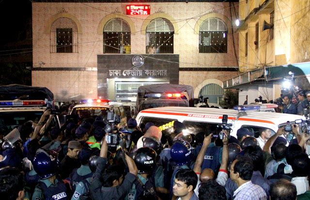 an ambulance supposed to carrying the dead bodies of bangladeshi nationalist party leader salahuddin quader chowdhury and jamaat e islami secretary general ali ahsan mohammad mujahid after they were executed for war crimes committed during the 1971 independence war with pakistan after their last ditch pleas for clemency were rejected photo afp