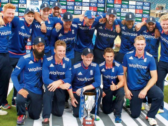 team england poses with the trophy after winning the fourth odi photo afp