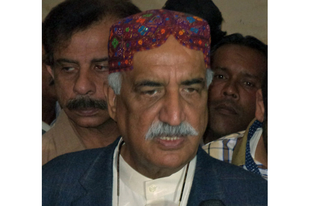 the leader of the opposition in the national assembly khursheed ahmed shah talking to the media photo express