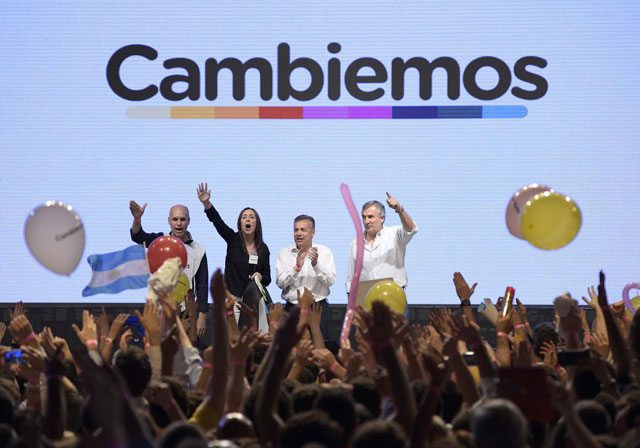 l r the elected head of government of the autonomous city of buenos aires horacio rodriguez larreta buenos aires province governor elect maria eugenia vidal mendoza province governor elect alfredo cornejo and jujuy province governor elect gerardo morales celebrating at the cambiemos let 039 s change party headquarters in buenos aires on november 22 2015 after getting the first results of the presidential run off election in argentina photo afp