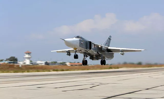 a file picture taken on october 3 2015 shows a russian sukhoi su 24 bomber taking off from the hmeimim airbase in the syrian province of latakia photo afp a file picture taken on october 3 2015 shows a russian sukhoi su 24 bomber taking off from the hmeimim airbase in the syrian province of latakia photo afp