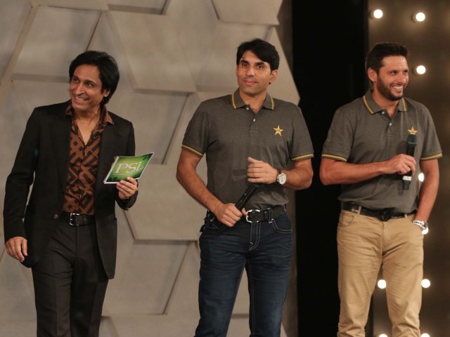rameez raja stands on stage along with misbahul haq and shahid afridi at the psl launch ceremony in lahore on september 20 2015 photo shafiq malik express