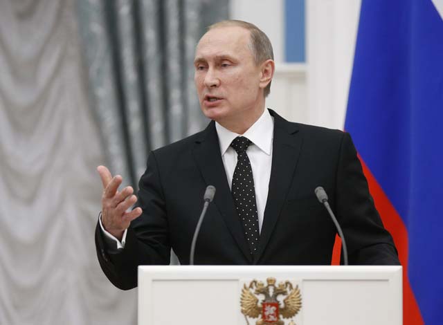 russian president vladimir putin speaks during a joint press conference with his french counterpart not seen after their meeting in moscow on november 26 2015 russia vowed to cooperate in the fight against terrorism as french president francois hollande began the last leg of a diplomatic bid to step up efforts to crush the islamic state group photo afp