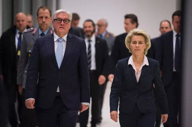 german defence minister ursula von der leyen r and german foreign minister frank walter steinmeier arrive for a press conference on november 26 2015 at the lower house of german parliament bundestag in berlin photo afp german defence minister ursula von der leyen r and german foreign minister frank walter steinmeier arrive for a press conference on november 26 2015 at the lower house of german parliament bundestag in berlin photo afp