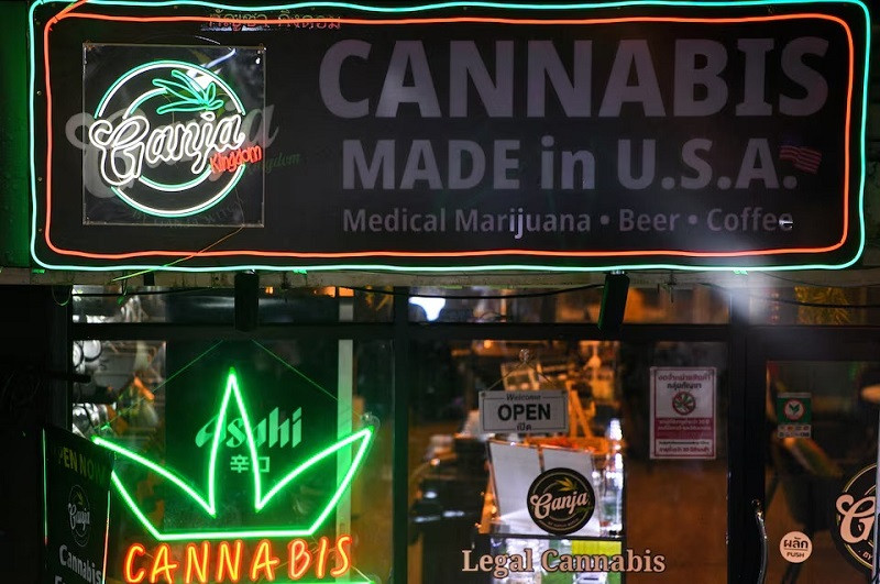 a sign made in u s a is displayed in front of a cannabis shop at khaosan road one of the favourite tourist spots in bangkok thailand march 29 2023 photo reuters