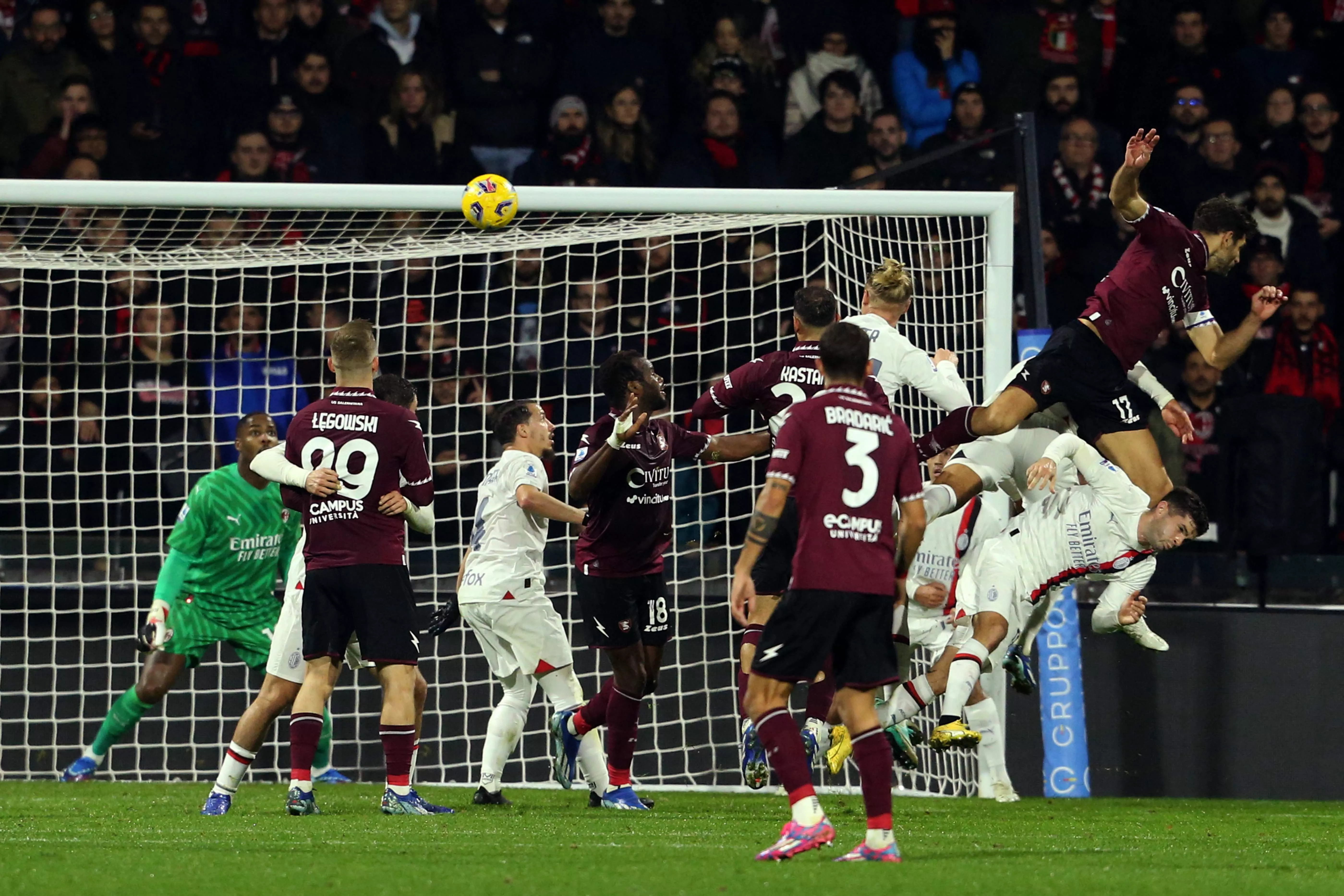 salernitana s argrntinian defender federico fazio r scores during the italian serie a football match against ac milan at the arechi stadium in salerno on friday photo afp salernitana s argrntinian defender federico fazio r scores during the italian serie a football match against ac milan at the arechi stadium in salerno on friday photo afp