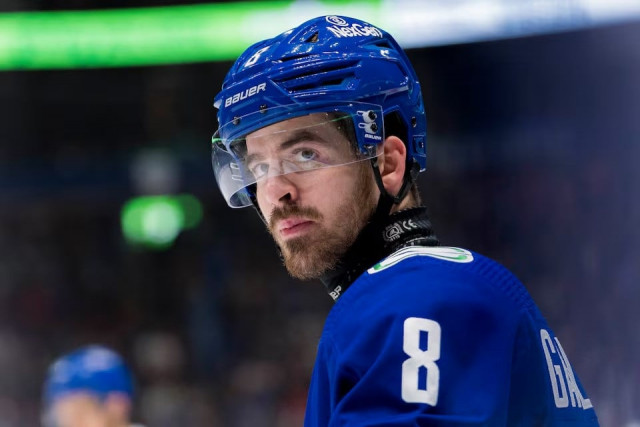 vancouver canucks forward conor garland 8 wearing a neck guard during a stop in play against the philadelphia flyers in the third period at rogers arena in vancouver british columbia canada on december 28 2023 flyers won 4 1 photo reuters vancouver canucks forward conor garland 8 wearing a neck guard during a stop in play against the philadelphia flyers in the third period at rogers arena in vancouver british columbia canada on december 28 2023 flyers won 4 1 photo reuters