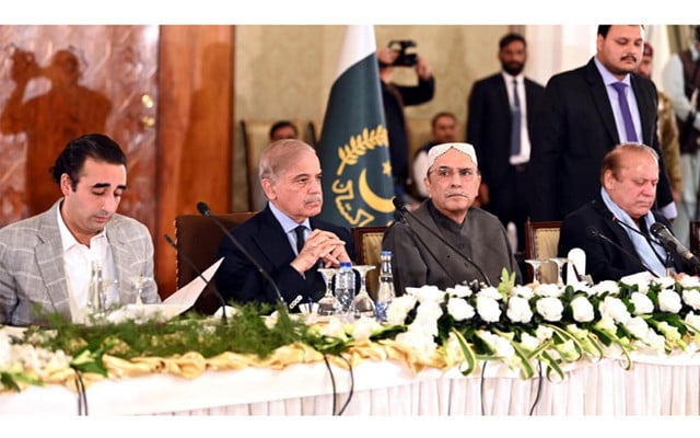 president asif ali zardari former prime minister nawaz sharif pm shehbaz sharif and ppp chairman bilawal bhutto zardari attending apc on paletsine in islamabad on monday photo radio pakistan