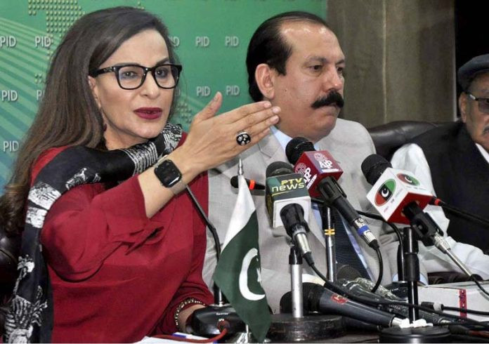 federal minister for climate change senator sherry rehman is addressing to a press conference at pid on july 06 2022 photo app
