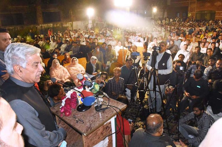 federal minister for defence khawaja muhammad asif is addressing the workers convention in sialkot on november 4 2022 photo app