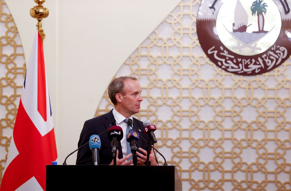 britain s foreign secretary dominic raab speaks during a joint news conference with qatari foreign minister sheikh mohammed bin abdulrahman al thani in doha qatar september 2 2021 reuters