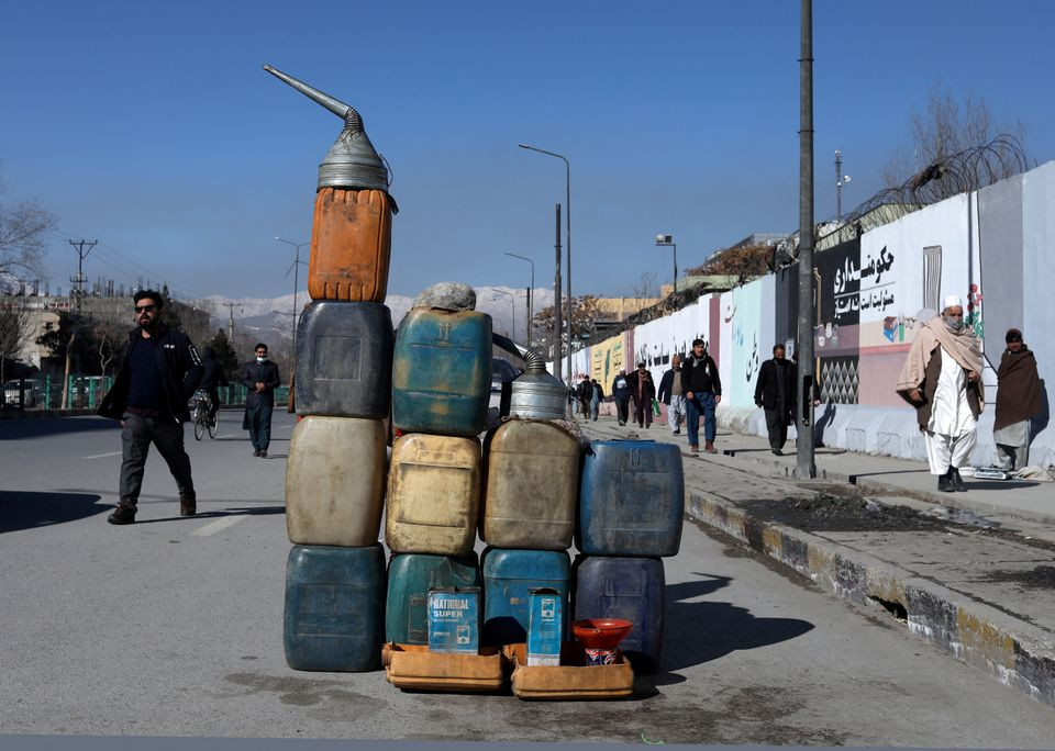 cans containing gasoline are kept for sale on a road in kabul afghanistan january 27 2022 photo reuters file