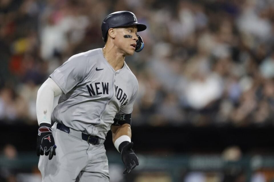 new york yankees outfielder aaron judge 99 runs after hitting a single against the chicago white sox during the seventh inning at guaranteed rate field in chicago illinois us on august 13 2024 photo reuters