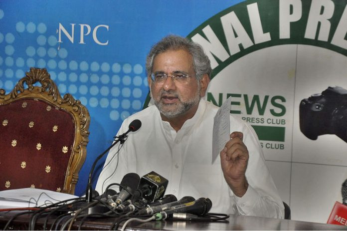 pml n leader shahid khaqan abbasi addressing a press conference at national press club on august 02 2022 photo app