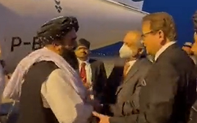 interim afghan foreign minister amir khan muttaqi pictured as he arrived in islamabad on nov 10 2021 screengrab