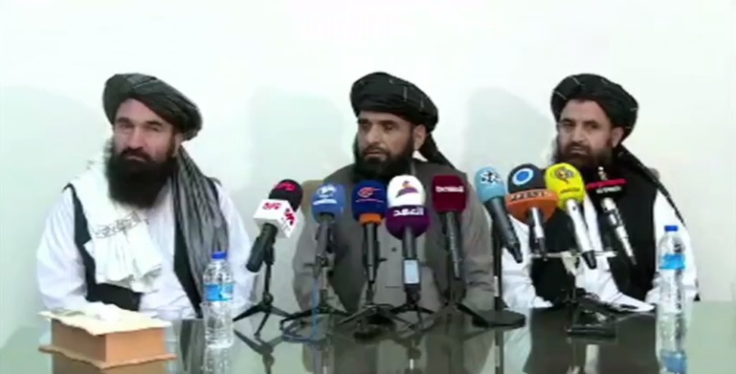 taliban negotiators speak during a presser held in tehran on monday screengrab