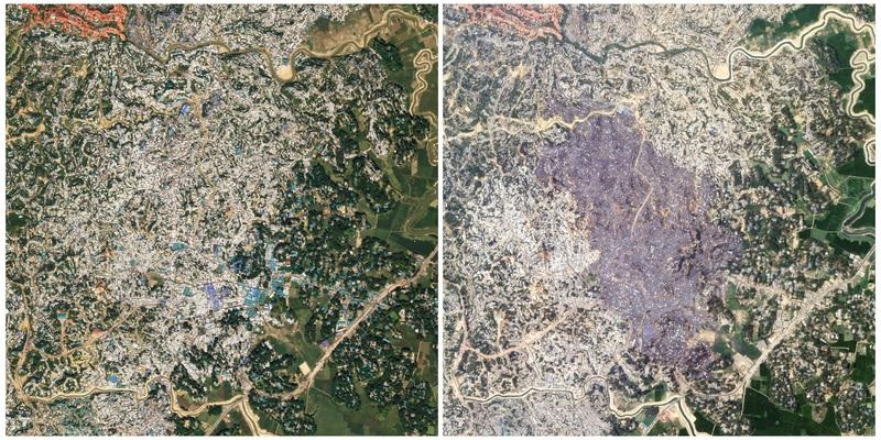 a combination image of satellite photos shows balukhali camp a camp for rohingya refugees before l and after a fire near cox s bazar bangladesh november 12 2020 and march 23 2021 photo reuters