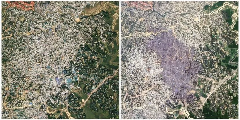 a combination image of satellite photos shows balukhali camp a camp for rohingya refugees before l and after a fire near cox s bazar bangladesh november 12 2020 and march 23 2021 photo reuters a combination image of satellite photos shows balukhali camp a camp for rohingya refugees before l and after a fire near cox s bazar bangladesh november 12 2020 and march 23 2021 photo reuters