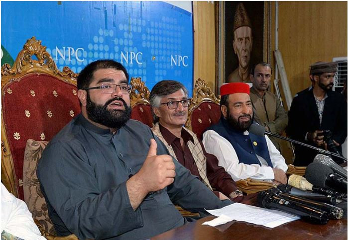 awami national party k p president aimal wali khan addressing a press conference at national press club photo app