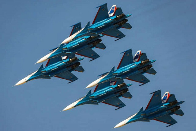 the russian air force aerobatic team known as the russian knights take part in the dubai air show in november 2021 photo afp