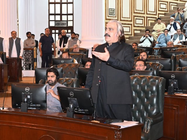 k p cm alim amin gandapur addressing the provincial assembly in peshawar on tuesday photo express