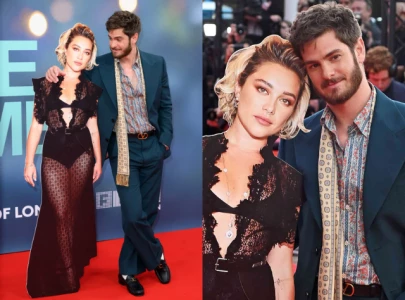 andrew garfield brings cardboard cutout of florence pugh to we live in time red carpet