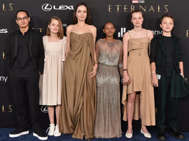 maddox jolie pitt vivienne jolie pitt angelina jolie knox jolie pitt shiloh jolie pitt and zahara jolie pitt attend the los angeles premiere of marvel studios eternals on october 18 2021 in los angeles california photo axelle bauer griffin filmmagic