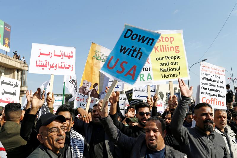 iraqis chanting anti us slogans mark year since soleimani killing