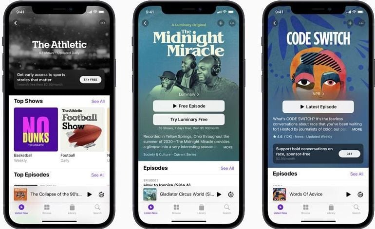 apple podcasts subscriptions is a global marketplace for listeners to discover premium subscriptions offered by their favorite creators including the athletic and npr the midnight miracle the groundbreaking new original series hosted by talib kweli yasiin bey and dave chappelle will be available next month with a subscription to the luminary channel on apple podcasts photo apple