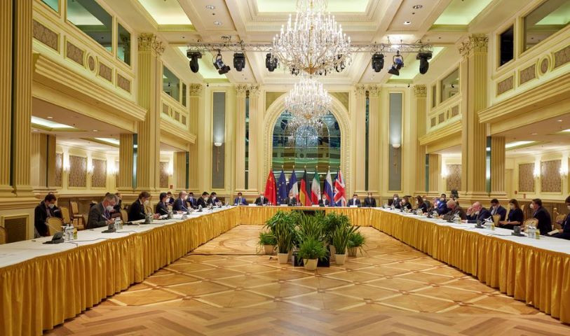 european external action service eeas deputy secretary general enrique mora and iranian deputy at ministry of foreign affairs abbas araghchi wait for the start of a meeting of the jcpoa joint commission in vienna austria april 17 2021 eu delegation in vienna handout via reuters