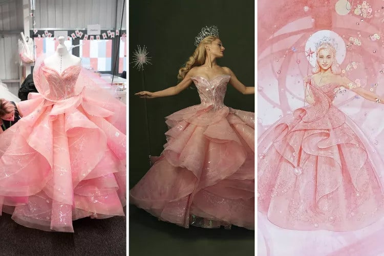 The bodice of Glinda's (played by Ariana Grande) bubble gown took 225 hours to hand-bead. Image: Universal