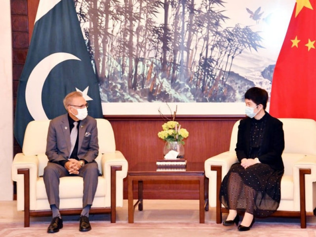 president dr arif alvi in a meeting with chinese charge d affaires pang chunxue at the embassy of china in islamabad on april 30 2022 photo pid