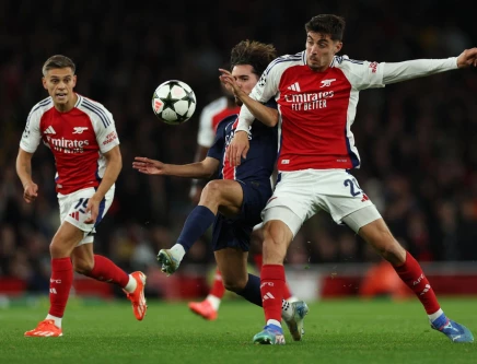 kai havertz r was among the scorers for arsenal against paris saint germain at emirates stadium in london england on october 1 2024 photo afp