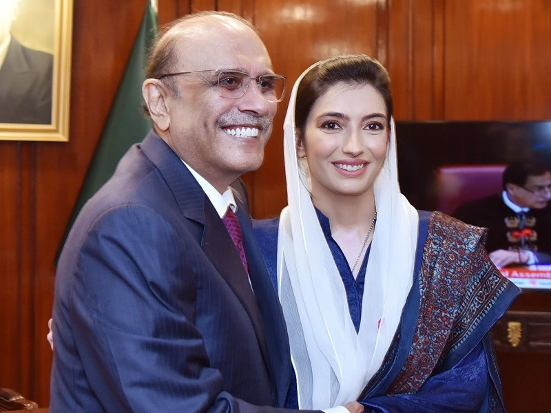 president asif ali zardari congratulating ms aseefa bhutto zardari on taking oath as mna in islamabad on 15 04 2024 photo express