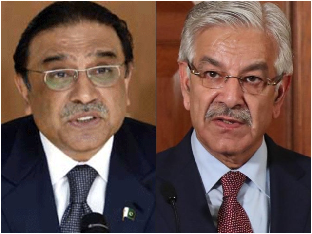 former president and ppp co chairman asif ali zardari l pml n leader and former foreign minister khawaja asif r photo express file