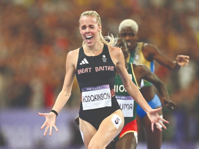 keely hodgkinson of britain celebrates as she crosses the line to win gold at paris 2024 olympics in women s 800m final at stade de france on august 05 2024 photo reuters file