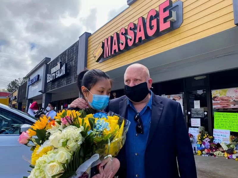 jami webb the daughter of xiaojie tan who was killed in the shooting is consoled by her father michael webb outside young s asian massage following the deadly shootings in acworth georgia us march 19 2021 photo reuters jami webb the daughter of xiaojie tan who was killed in the shooting is consoled by her father michael webb outside young s asian massage following the deadly shootings in acworth georgia us march 19 2021 photo reuters