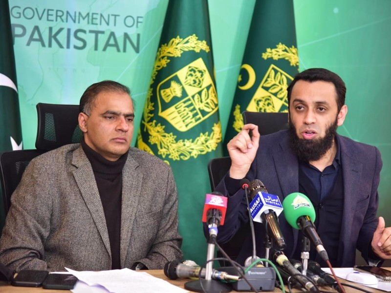 special assistant to the prime minister on interior and legal affairs attaullah tarar addressing a press conference in islamabad on january 25 2023 photo pid