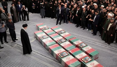 iran s supreme leader ayatollah ali khamenei looks at the coffins of irgc members during a funeral ceremony in tehran iran april 4 2024 photo reuters