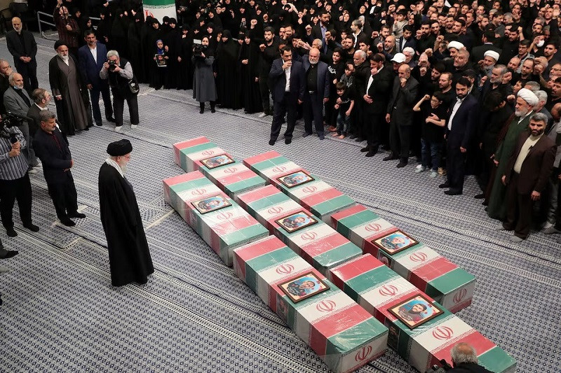 iran s supreme leader ayatollah ali khamenei looks at the coffins of irgc members during a funeral ceremony in tehran iran april 4 2024 photo reuters