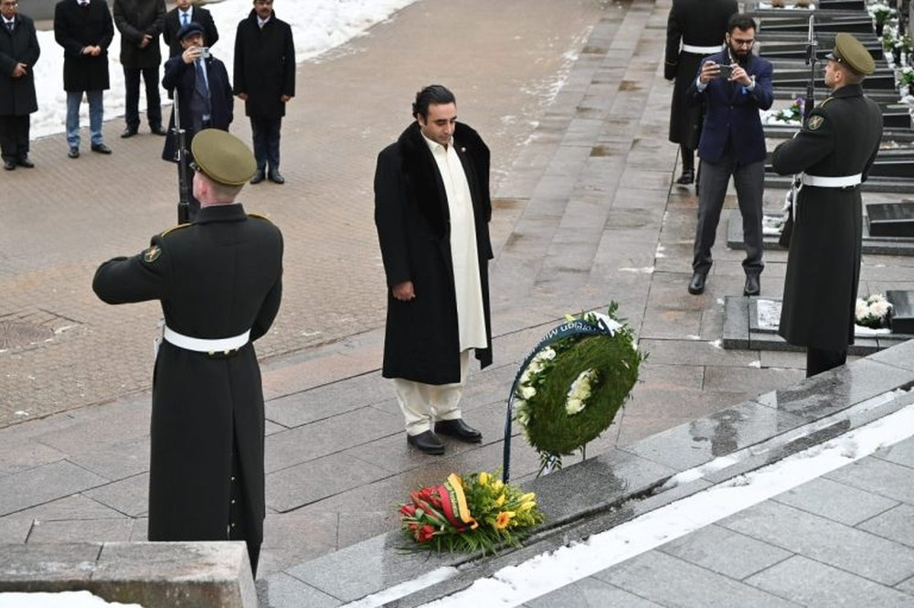 foreign minister bilawal bhutto zardari stands at the monument of lithuanian freedom fighters after laying a wreath in vilnius photo app