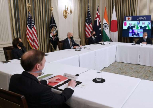 us president joe biden joined by secretary of state antony blinken vice president kamala harris and national security advisor jake sullivan meets virtually from the white house with leaders of quad partners australia india and japan afp us president joe biden joined by secretary of state antony blinken vice president kamala harris and national security advisor jake sullivan meets virtually from the white house with leaders of quad partners australia india and japan afp
