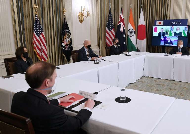 us president joe biden joined by secretary of state antony blinken vice president kamala harris and national security advisor jake sullivan meets virtually from the white house with leaders of quad partners australia india and japan afp