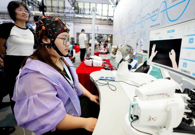 a brain computer interface for post stroke rehabilitation at the world robot conference 2023 in beijing china aug 16 2023 photo xinhua a brain computer interface for post stroke rehabilitation at the world robot conference 2023 in beijing china aug 16 2023 photo xinhua
