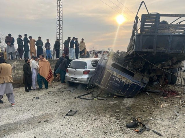 the wreckage of the police truck came under attack in bajaur photo express