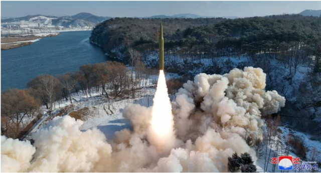 ballistic missile said to be solid fuel and hypersonic launches during a test at an unspecified location in north korea in this picture released by the korean central news agency on january 14 2024 kcna via reuters attention editors this image was provided by a third party reuters is unable to independently verify this ballistic missile said to be solid fuel and hypersonic launches during a test at an unspecified location in north korea in this picture released by the korean central news agency on january 14 2024 kcna via reuters attention editors this image was provided by a third party reuters is unable to independently verify this