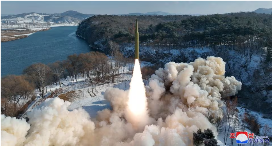 ballistic missile said to be solid fuel and hypersonic launches during a test at an unspecified location in north korea in this picture released by the korean central news agency on january 14 2024 kcna via reuters attention editors   this image was provided by a third party reuters is unable to independently verify this