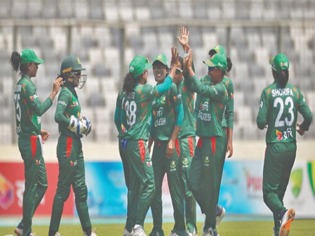 bangladesh women s team players celebrate after beating scotland in opening t20 world cup game on thursday photo afp